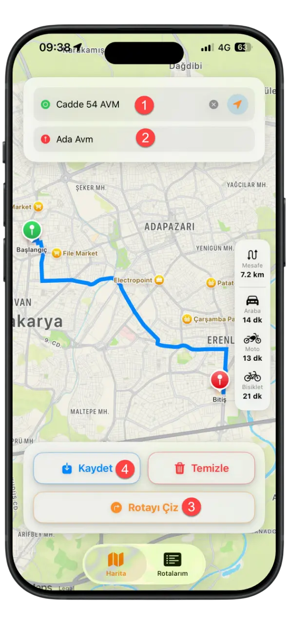 Uygulama Ekranı 1 Rota Oluşturma